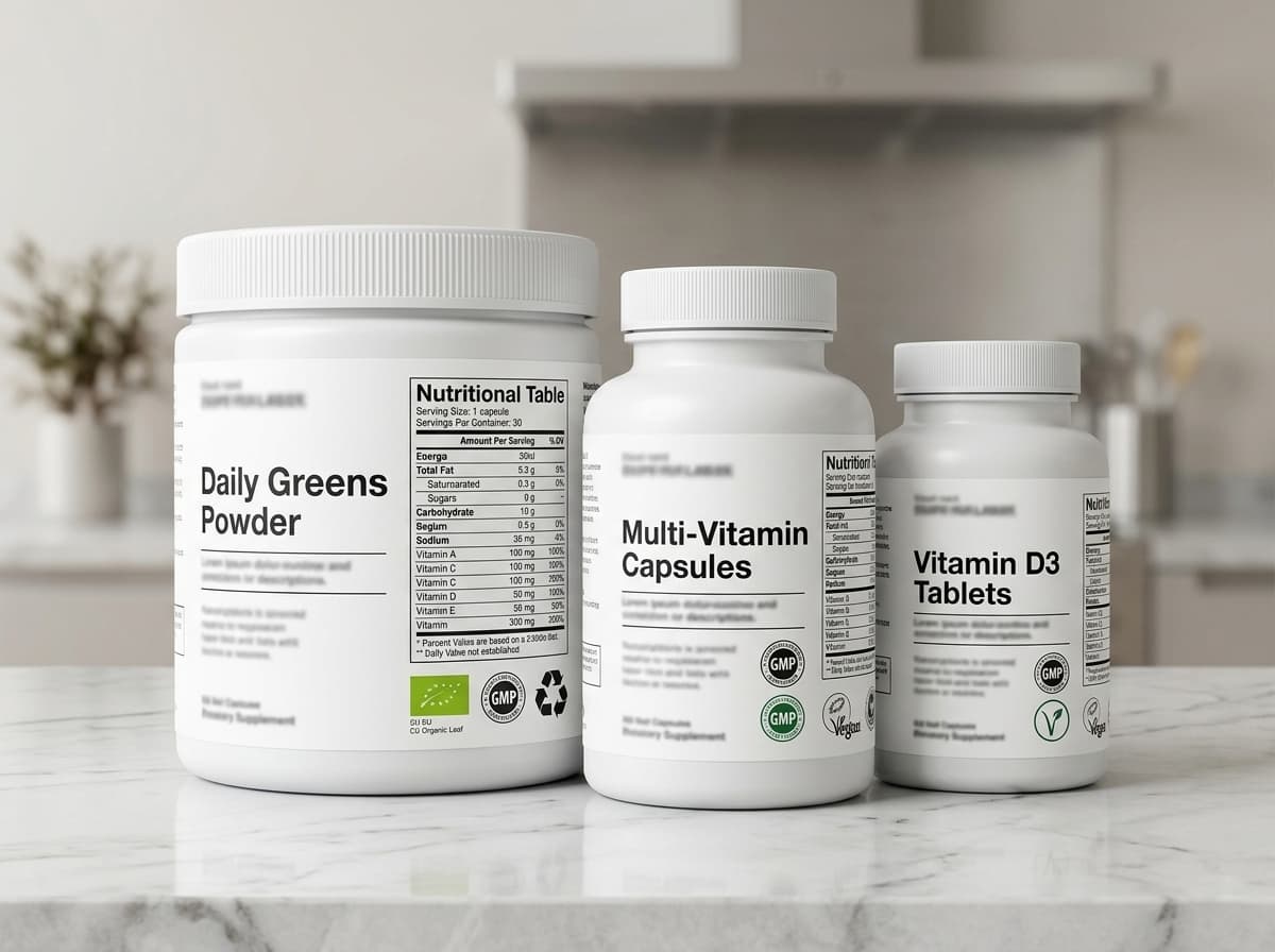EU-compliant supplement packaging with nutritional table and certification