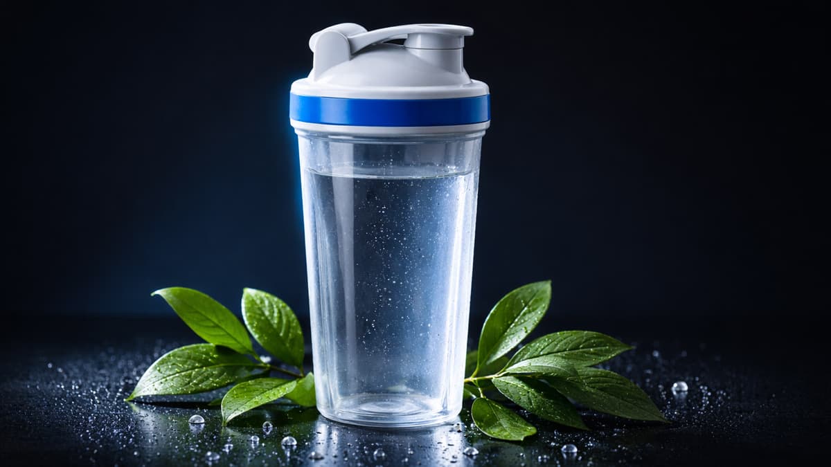 Transparenter Shaker mit gruenen Blaettern auf dunklem Hintergrund – Nachhaltigkeit