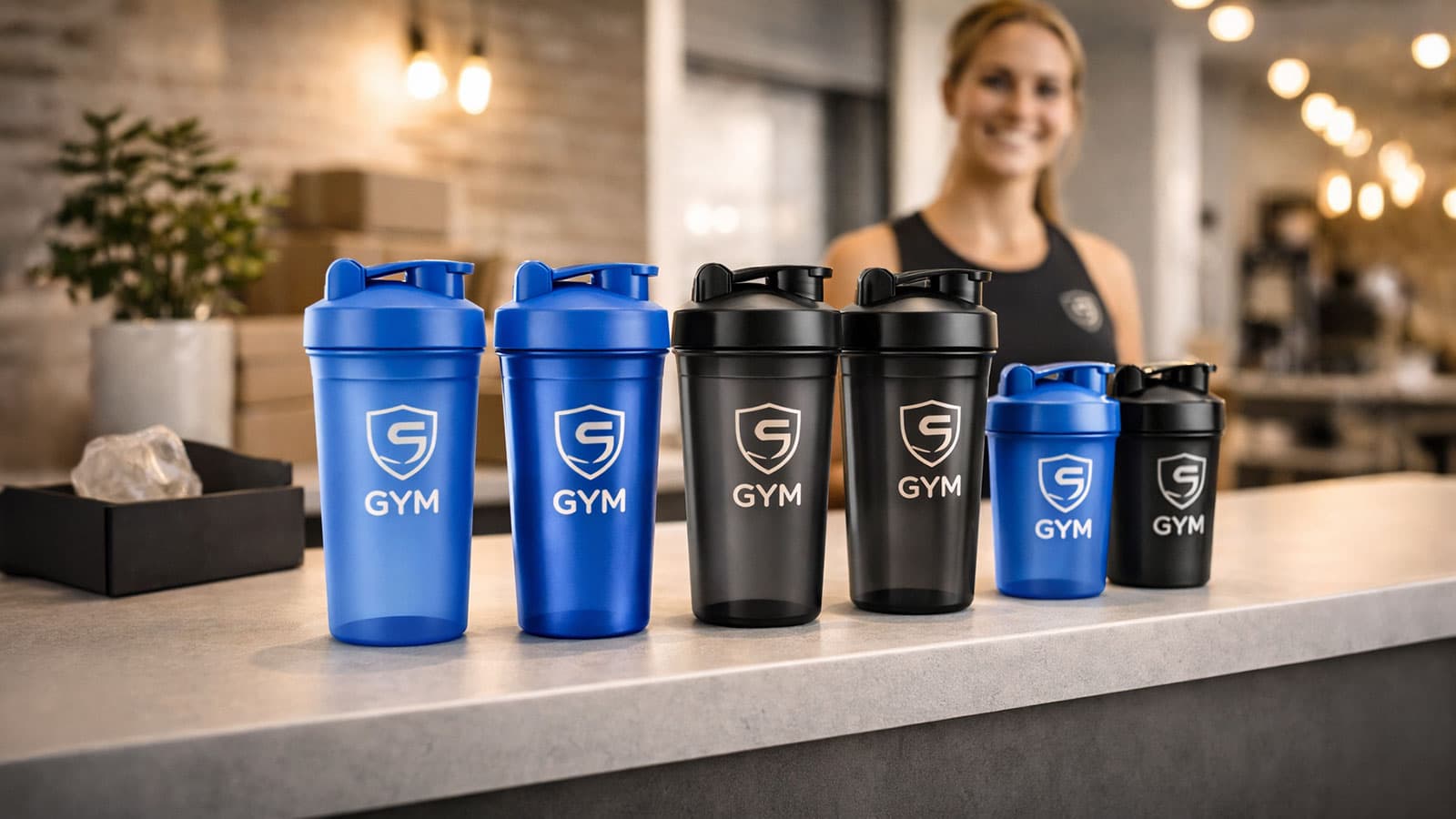 Gebrandete Protein Shaker mit Fitnessstudio-Logo auf Hantelbank in modernem Gym