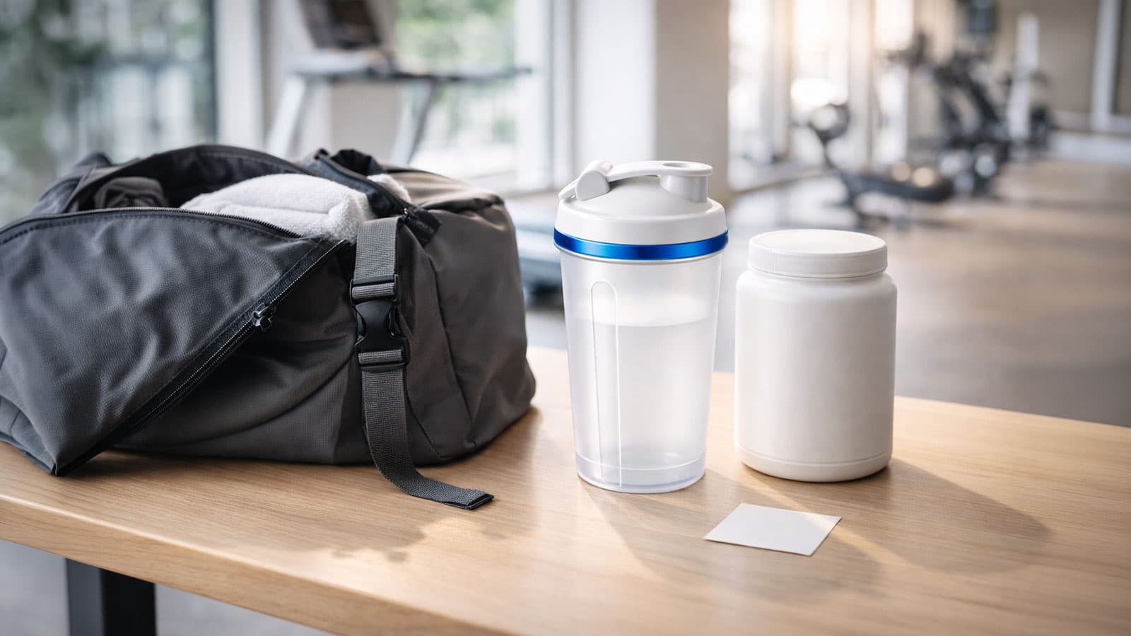 Protein Shaker neben Gym-Tasche in modernem Fitnessstudio – Supplement Marken