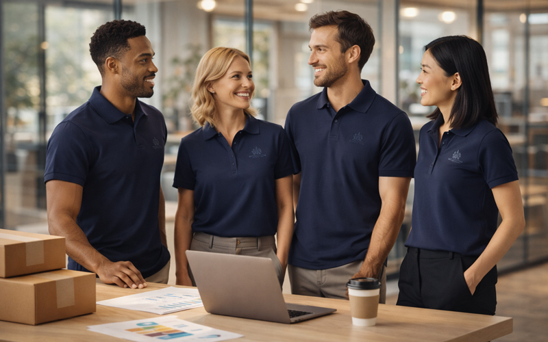 Corporate team with uniform company textiles