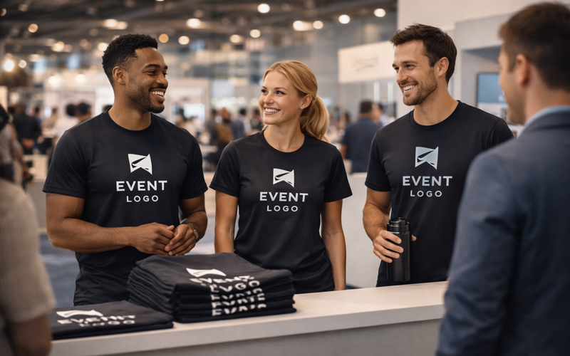 Trade show event with custom printed team shirts